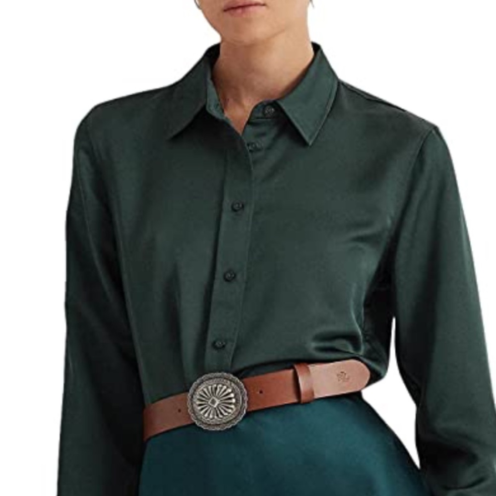 NWT Lauren Ralph Lauren elegant green  sateen blouse, XL